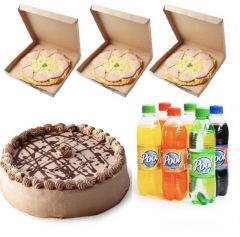 Tarta + refresco + 3 pizzas